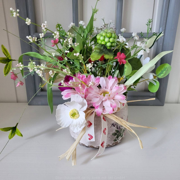 Blumengesteck Gesteck Frühling, Kunstblumen in Keramiktopf